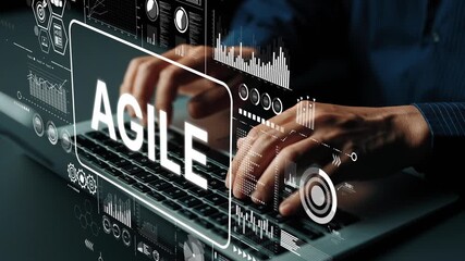 Hands typing on laptop amidst digital graphics representing agile project management and modern technology concepts. Asymptotic smart data analytic. - Powered by Adobe