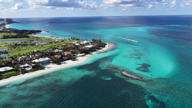 Arawak Beach At Paradise Island In Nassau Bahamas. Beach Landscape. Bay Harbor Scenery. Downtown District. Arawak Beach In Paradise Island In Nassau Bahamas. Amazing Caribbean Sea.