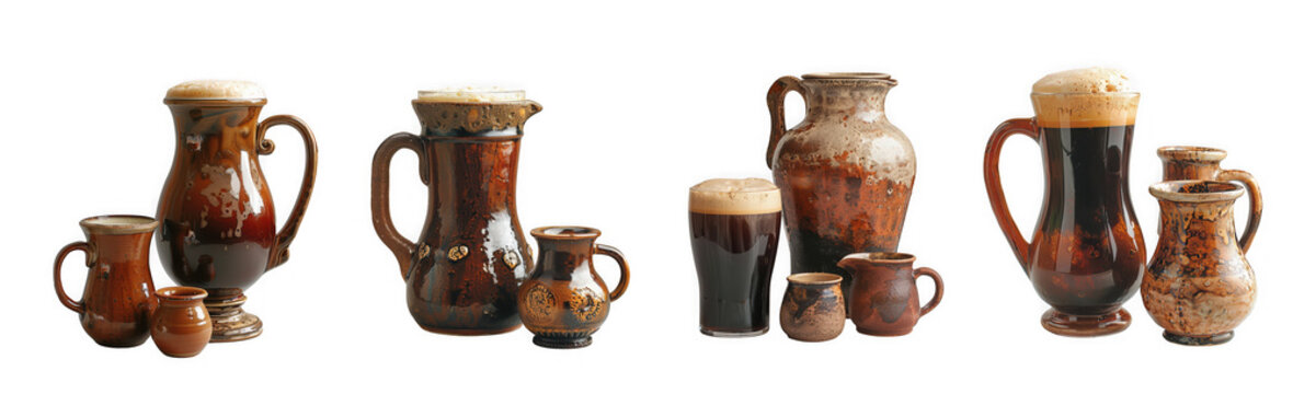 Collection of antique ceramic pottery jugs and vases with handles isolated on transparent background