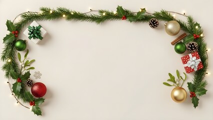 Christmas Border with Evergreen Branches, Ornaments, Holly Leaves, and Gift Boxes
