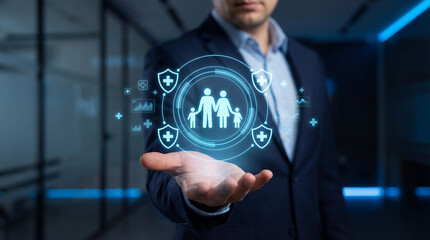 Business professional presenting a glowing holographic icon of family protection and digital healthcare security.