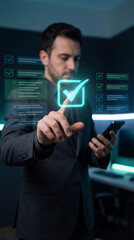 Obraz premium Businessman validating digital checklists through an interactive holographic interface for task completion.
