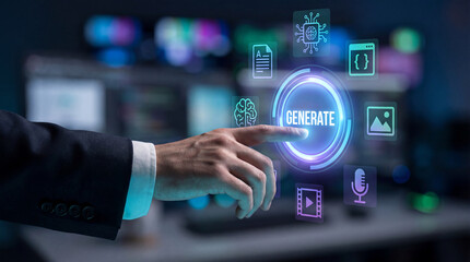 Business professional activating a glowing digital generate button surrounded by creative AI icons in a futuristic workspace.
