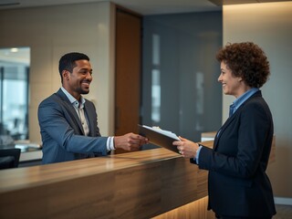 Two professionals exchange a document at a modern reception desk. The scene reflects business communication and customer service in a stylish interior.