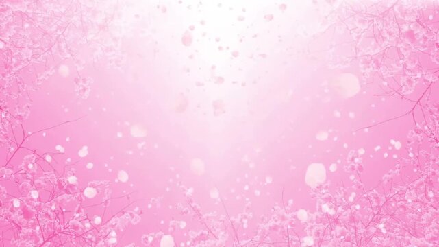 Romantic pink cherry blossom frame with falling petals and central soft light glow background