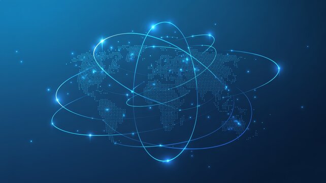 Modern world map with glowing network connections on a blue backdrop