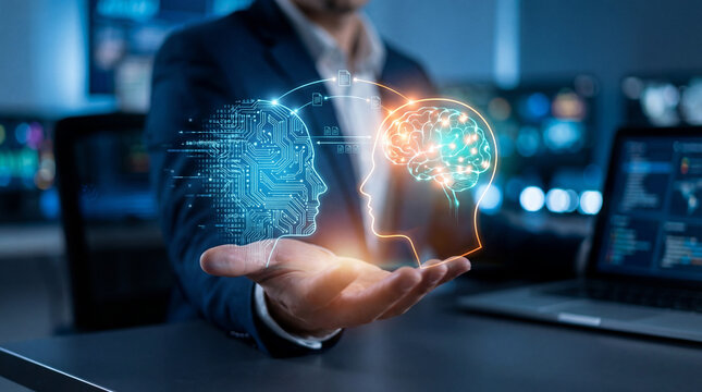 Businessman presenting the connection between artificial intelligence and human cognition for business improvement.