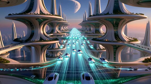 Futuristic white skyscrapers and glowing blue flying cars commuting through a sci-fi utopia in a cinematic 3D animation, illustrating advanced transportation concepts.