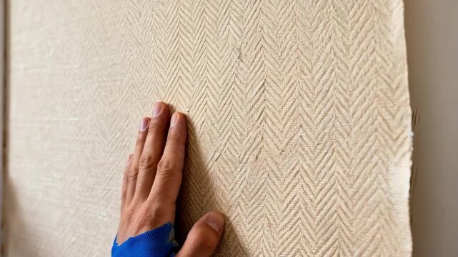 Installation of linen textured wallpaper in medium shot focusing on the subtle weave patterns as the installer presses it flat against a smooth wall.