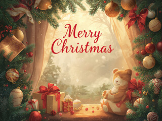 Festive scene with a window decorated with pine branches, ornaments and gifts, with a plush teddy bear in a Santa hat. The atmosphere is warm, joyful and wintry.