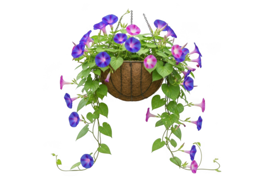 Beautiful hanging basket filled with vibrant blue and pink morning glory flowers isolated on transparent background