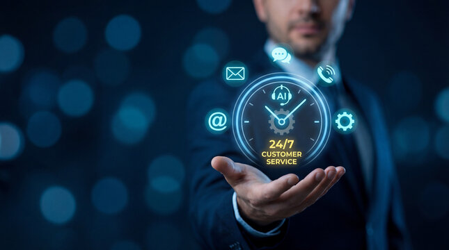 Business professional presenting an AI-powered 24 hours customer service interface in a digital holographic display with copy space.