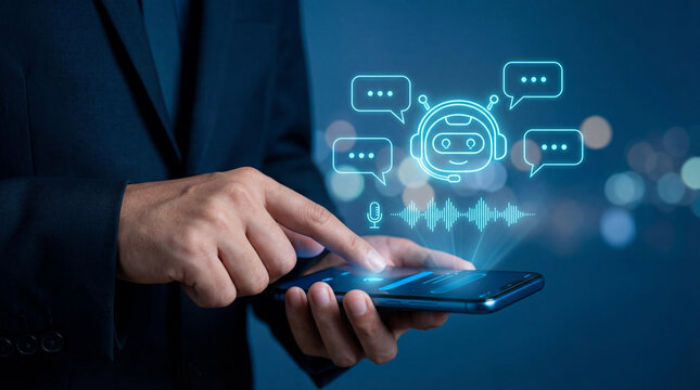 Business interaction with AI chatbot interface displayed above smartphone during digital communication process.