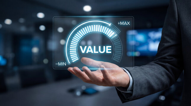 Business hand presenting a digital value gauge showing performance from minimum to maximum in a futuristic interface.