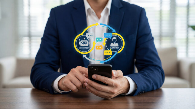 Business professional using smartphone with AI chatbot and customer icons symbolizing automated digital communication. - Powered by Adobe