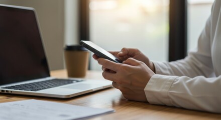 Person using a smartphone near a laptop computer on a desk.