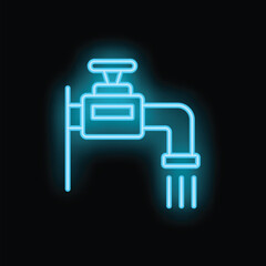 Bright neon blue icon of a water tap is glowing on a dark background, illustrating running water