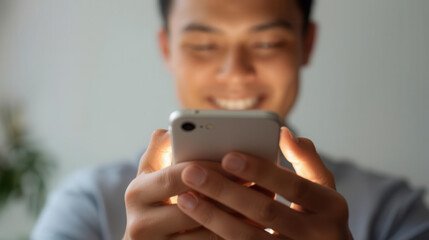 Engaging with term life insurance young man smiling while using smartphone modern office setting digital interaction