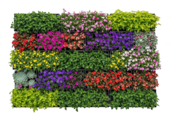 Vibrant vertical garden wall featuring a diverse array of colorful blooming plants isolated on transparent background