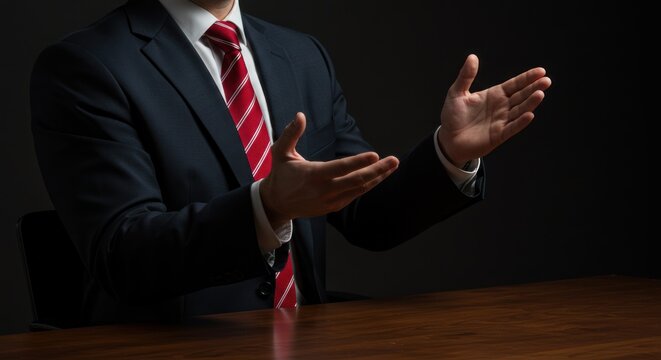 Person in suit gestures with hands at a wooden table against dark background. - Powered by Adobe