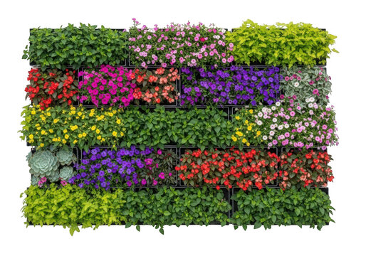 Vibrant vertical garden wall featuring a diverse array of colorful blooming plants isolated on transparent background