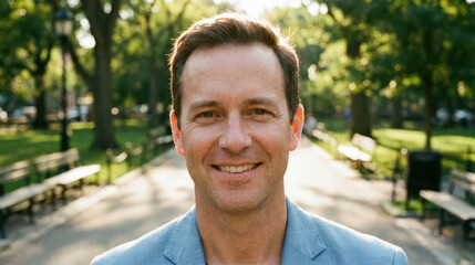 Man smiling in park discussing term life insurance options urban setting lifestyle focus natural light