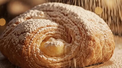 Fresh pastry is displayed, covered with powdered sugar and ready to eat. Delicious fresh pastry has been baked to perfection and is a treat for the senses, ideal for social media video.