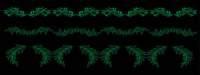 Nature's Decorative Symphony: Intricate arrangements of green leaves, forming elegant decorative borders against a dark canvas, showcasing the beauty of plant forms in a serene and minimalist style.