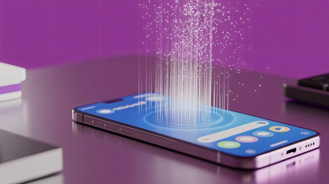 Modern phone displaying data transfer with vibrant effects on desktop