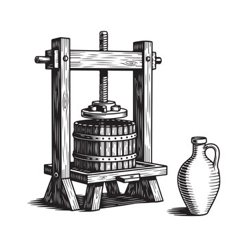 Old wooden fruit wine press and ceramic jug vintage illustration Art & Illustration
