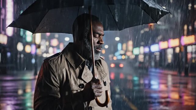 Man in rain with umbrella stands in city street on rainy day. This man in rain is dressed in trench coat under streetlights reflecting on wet pavement; he is standing still in heavy shower.