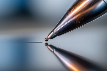 Close-up view of a pen tip about to create a line on a reflective surface in a well-lit workspace