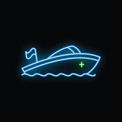 Vibrant neon sign depicting a motorboat cruising on stylized waves, illuminated against a dark background