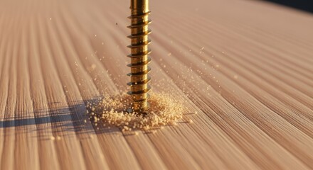 A golden screw is being driven into a light brown wooden surface, creating a shower of fine sawdust. Sunlight casts shadows on the textured wood grain.