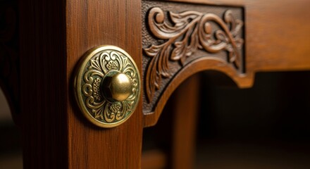 Close-up of an ornate brass knob with intricate floral design set into rich carved wooden furniture, showcasing craftsmanship and elegant detail.