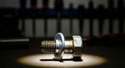 Close-up macro shot of a metal screw, washer, and hexagonal nut with yellow lubricant or oil droplets, resting on a textured wooden surface under a focused spotlight. Dark, blurred background.