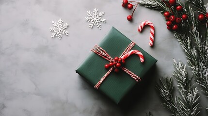 Flat lay of holiday gift green box red berries candy cane snowflakes and festive bell