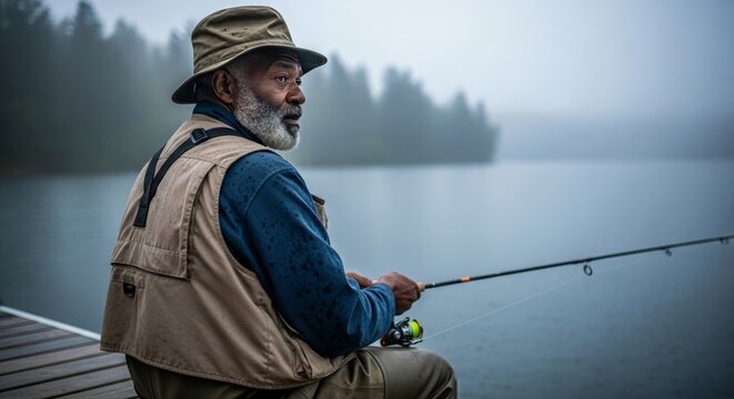Side profile of a senior Black man with a beard and hat, wearing a fishing vest, holding a fishing rod while sitting on a wooden dock by a misty lake with blurred trees. - Powered by Adobe