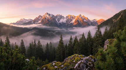 Obraz premium Serene Mountain Landscape at Dawn — Misty Forest & Sunrise Light