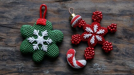 Seasonal top view with green present snowflakes candy cane red berries and bell on wood