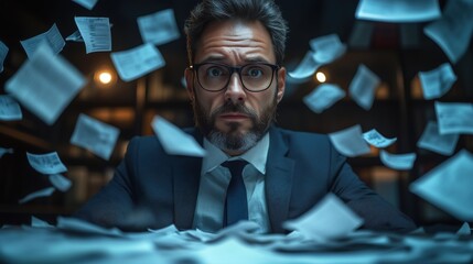 Stressed businessman overwhelmed by flying paperwork in a dim office, symbolizing deadlines, bureaucracy, work pressure and corporate overload — ideal for business, finance and productivity themes