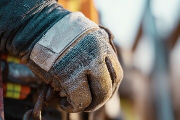 Worker holding a chain in a construction site during early morning hours with frost on gloves