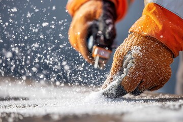 Craftsman working on wood with measuring tape in outdoor workshop during bright day
