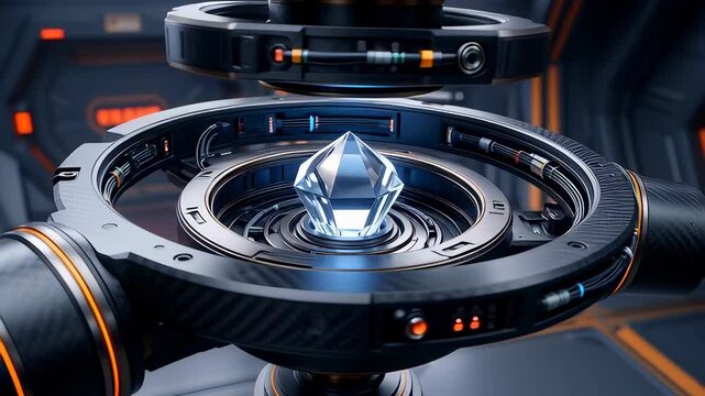 Futuristic gimbal stabilizer rotating around a glowing blue energy crystal in a cinematic 3D loop, representing advanced quantum technology.