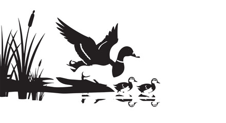 Obraz premium Silhouette of a duck family near reeds on a calm pond.