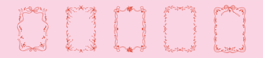 Obraz premium Set of whimsical hand drawn doodle crayon Merry Christmas and Happy New Year coquettish pink frames with bow ribbon, poinsettia, mistletoe, holly. Vintage victorian Parisian style rectangle border