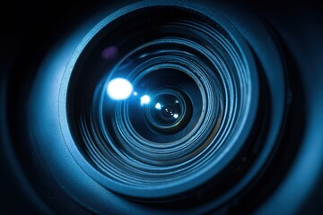 Close-up view of a camera lens showcasing intricate details and reflections in natural light