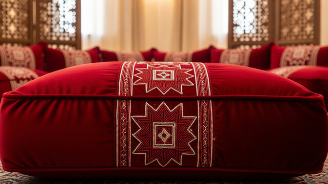 Close-up of luxury red velvet floor cushion with Saudi Sadu star pattern in traditional Majlis
