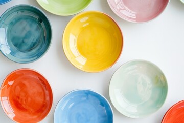 Colorful ceramic plates on a white table