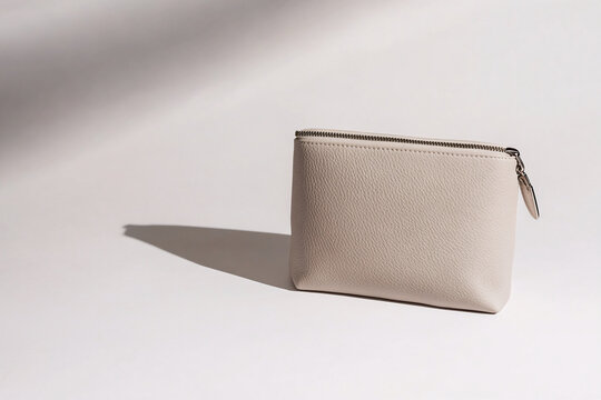 Minimalist cosmetic bag, beige leather zippered pouch on white background